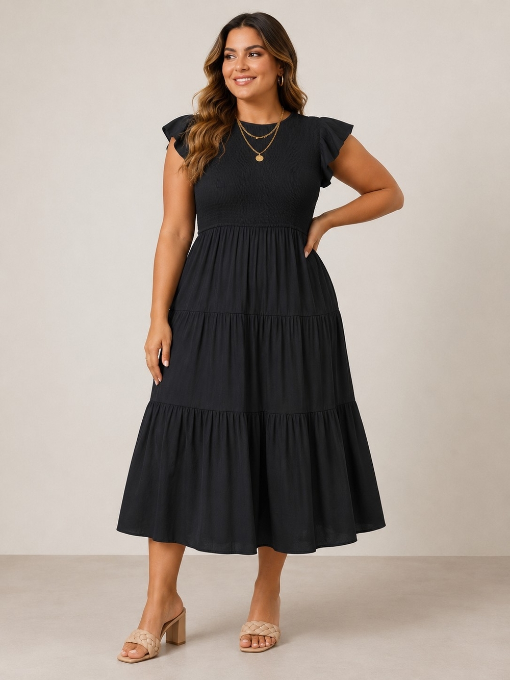 Smocked Bodice Tiered Midi Dress in Black